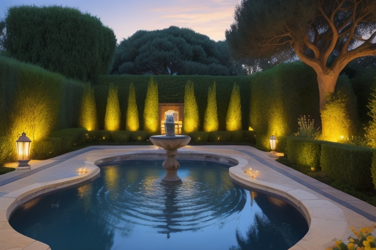 Mediterranean Garden Design Ideas - Fountain With Lighting