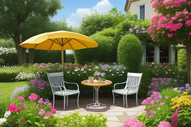 How To Design A Flower Garden - Table And Chairs With Parasol In A Flower Garden